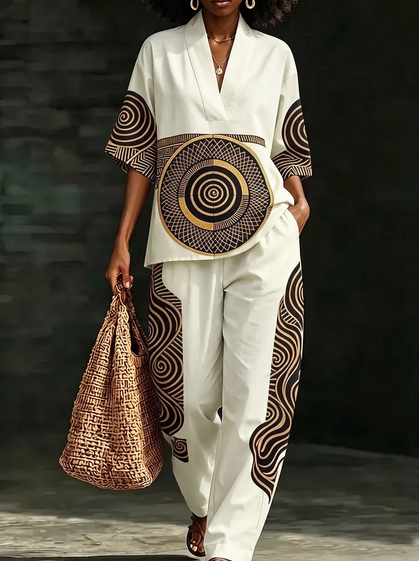 Printed Pockets Elasticity Contrast Color Wide Leg Loose Trousers Pants