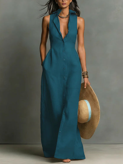 A-Line High Waisted Buttoned Pockets Solid Color Lapel Maxi Dresses Shirt Dress