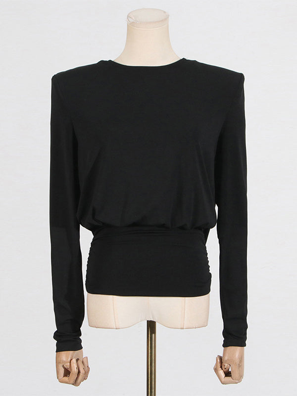 Long Sleeves Backless Shoulder Pad Solid Color Round-Neck Blouses&Shirts Tops