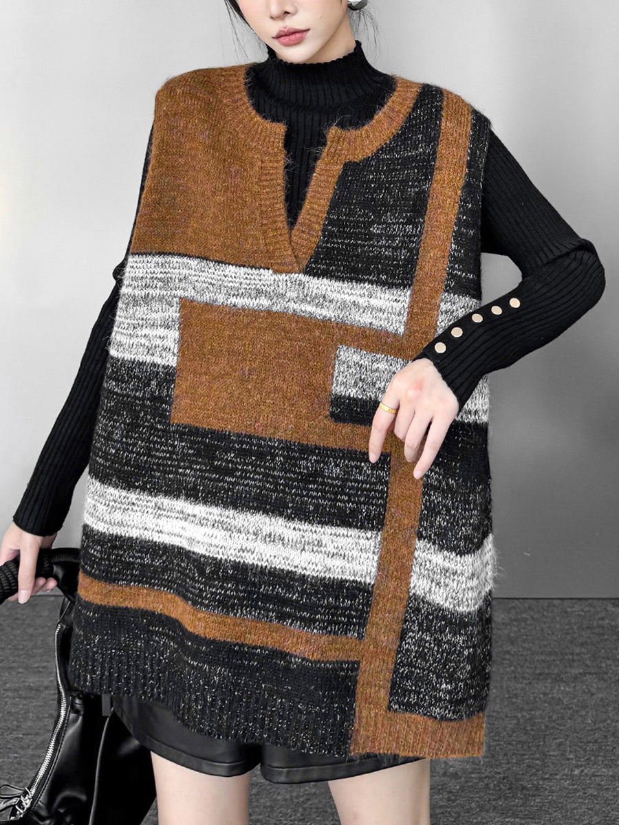 Loose Sleeveless Contrast Color Geometric Split-Joint Striped V-Neck Outerwear Vest Top