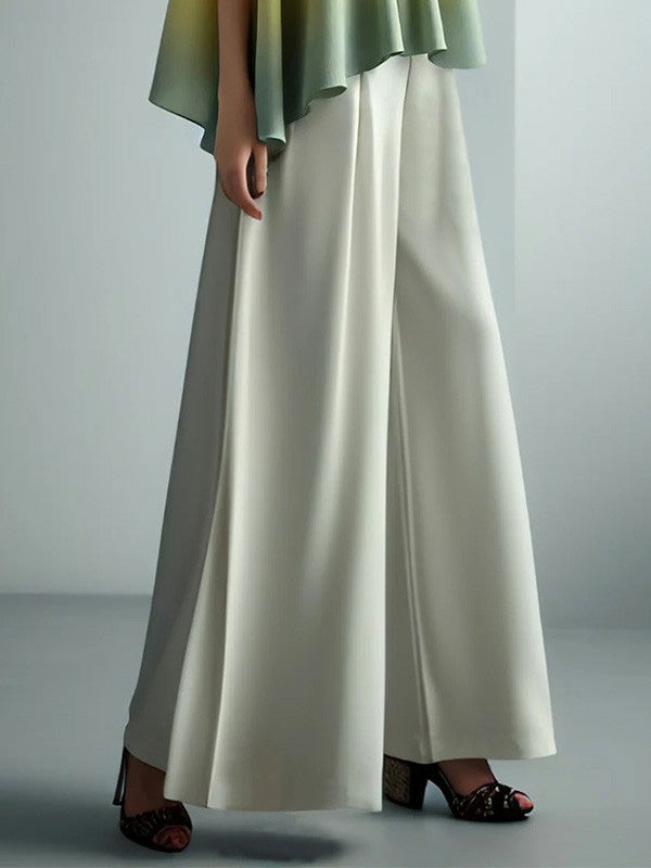 High Waisted Loose Pleated Solid Color Split-Joint Pants Trousers OFF WHITE