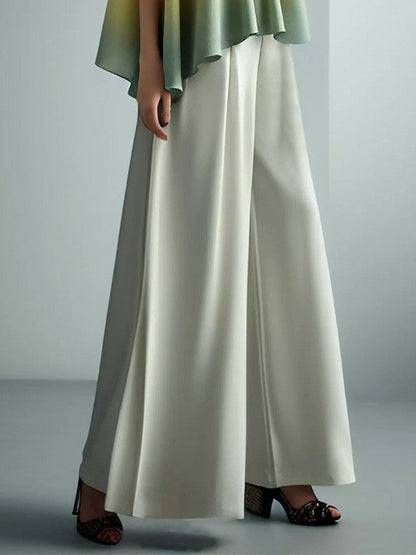 High Waisted Loose Pleated Solid Color Split-Joint Pants Trousers OFF WHITE