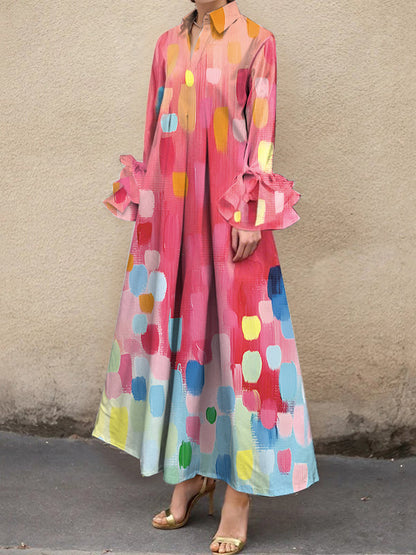 A-Line Loose Pleated Printed Split-Joint Lapel Maxi Dresses Shirt Dress