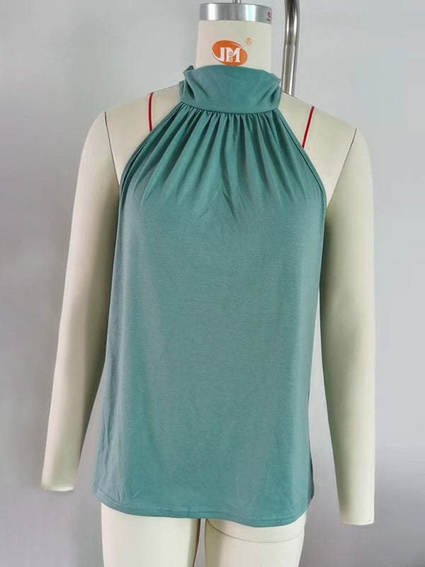Loose Sleeveless Bow-Embellished Solid Color High Neck Tank Top