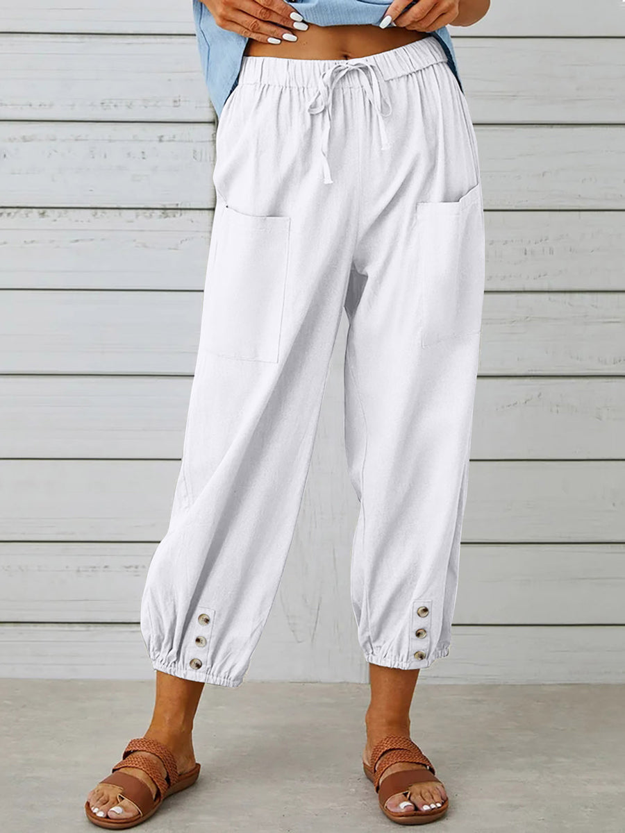 Solid Color Pockets Elasticity Drawstring Buttoned Plus Size High Waisted Trousers Ninth Pants