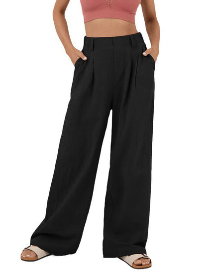 Loose Wide Leg Pleated Solid Color Split-Joint Pants Trousers BLACK