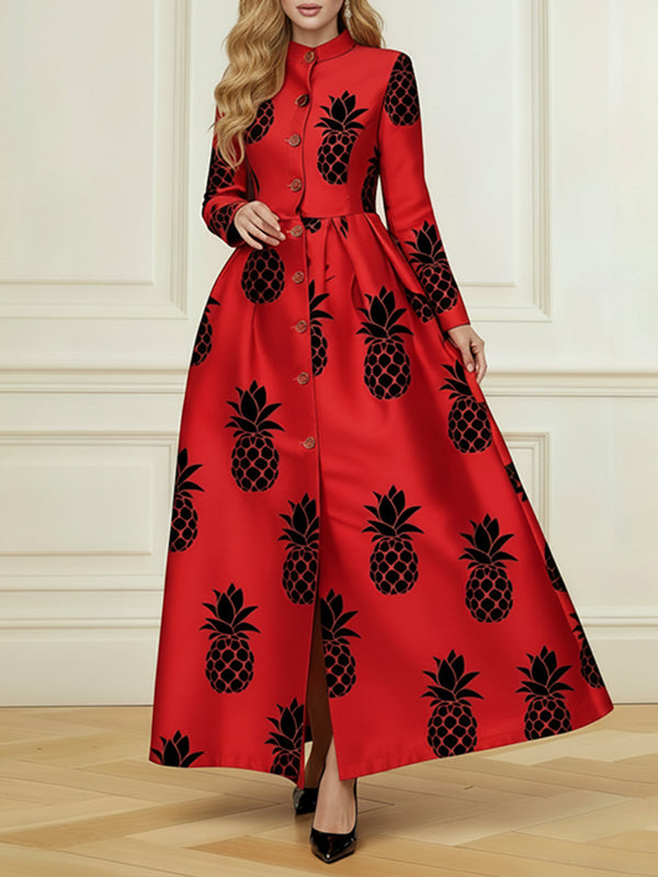 A-Line Elasticated Waist Buttoned Contrast Color Pleated Printed Single-Breasted Split-Front Split-Joint Stand Collar Maxi Dresses Shirt Dress