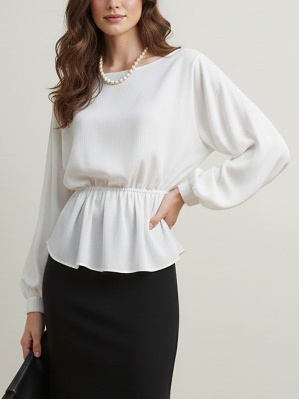 Long Sleeves Loose Elasticity Solid Color Round-Neck Blouses&Shirts Tops