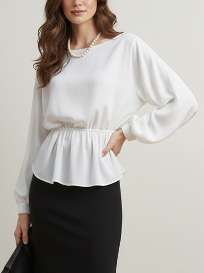 Long Sleeves Loose Elasticity Solid Color Round-Neck Blouses&Shirts Tops
