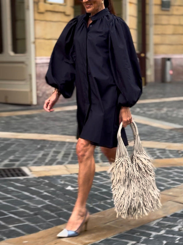 Puff Sleeves Pleated Split-Joint High Neck Mini Dresses Shirt Dress