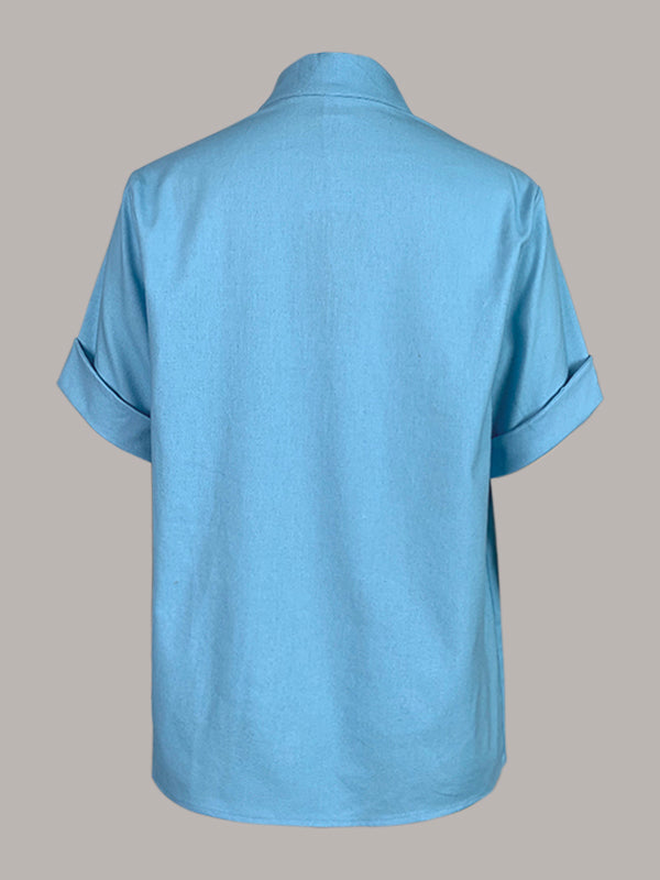 Loose Short Sleeves Solid Color Mock Neck Blouses&Shirts Tops