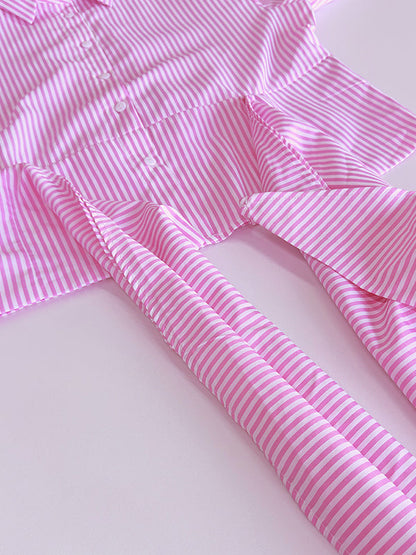 Long Sleeves Loose Asymmetric Split-Joint Striped Lapel Blouses