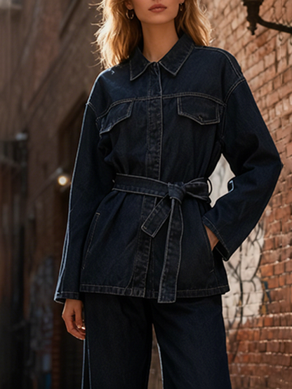 Long Sleeves Loose Belted Buttoned Pockets Solid Color Lapel Blouses&Shirts Tops