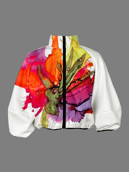 Loose Puff Sleeves Asymmetric Floral Printed Split-Joint High Neck Outerwear