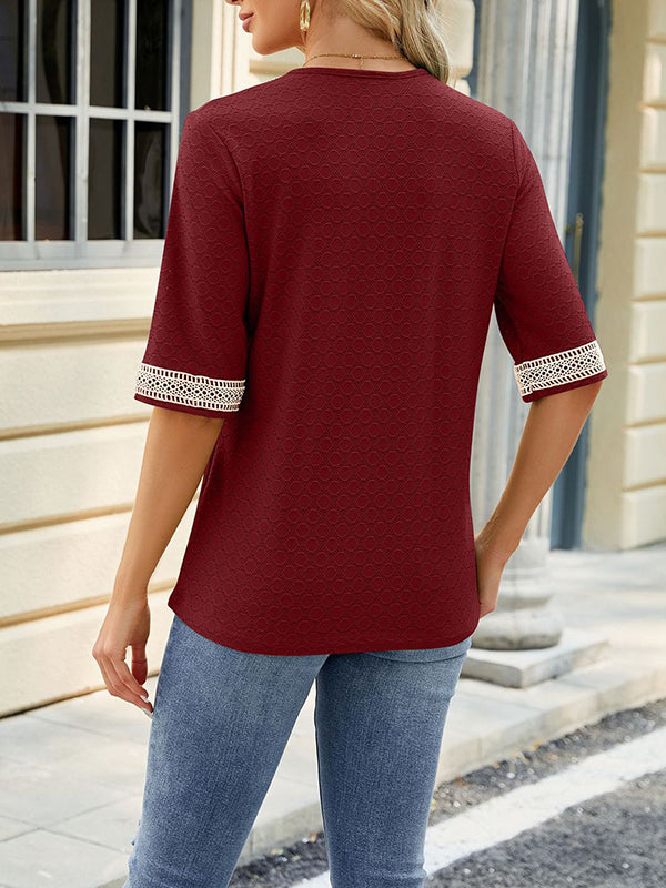 Loose Short Sleeves Contrast Color Hollow Split-Joint V-Neck T-Shirts Tops