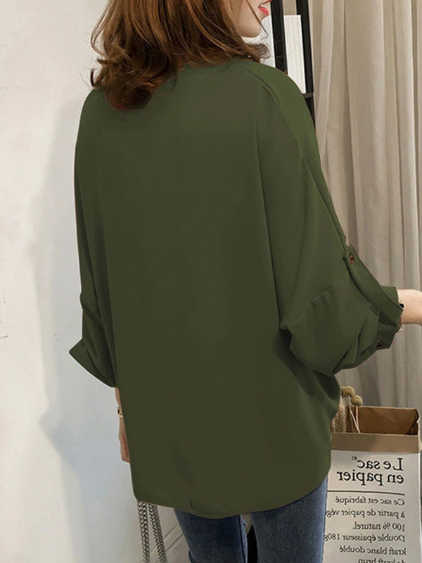 Casual Long Sleeves Loose Solid Color V-Neck Blouses&Shirts Tops