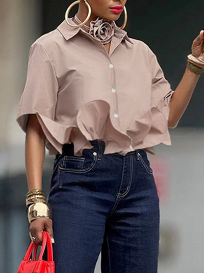 Loose Short Sleeves Ruffled Split-Joint Lapel Blouses