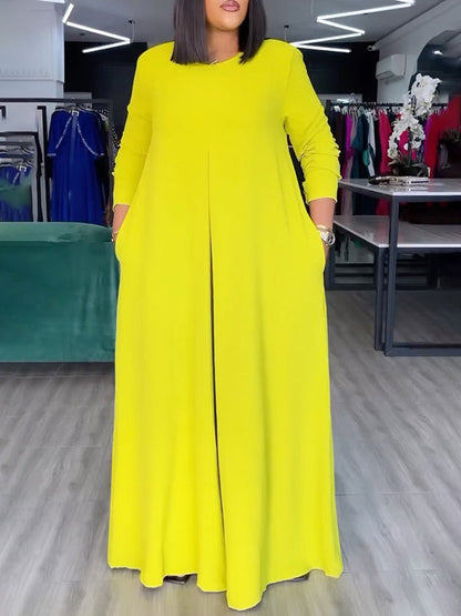 Loose Wide Leg Pockets Solid Color Round-Neck Jumpsuits
