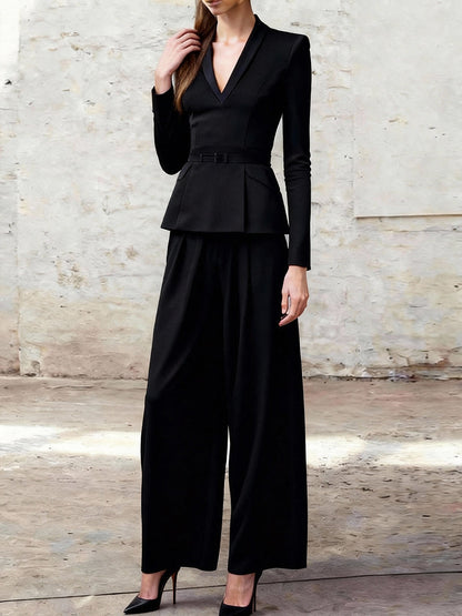 Elasticated Waist High Waisted Belted Ruffled Solid Color V-Neck Blazer Blouses&Shirts Tops