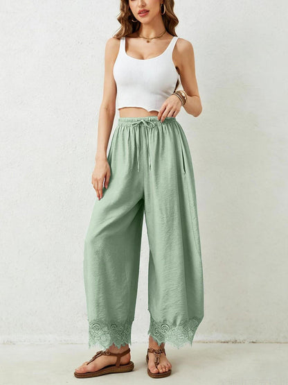 Split-Joint Solid Color Pockets Elasticity Drawstring Wide Leg Loose Trousers Pants