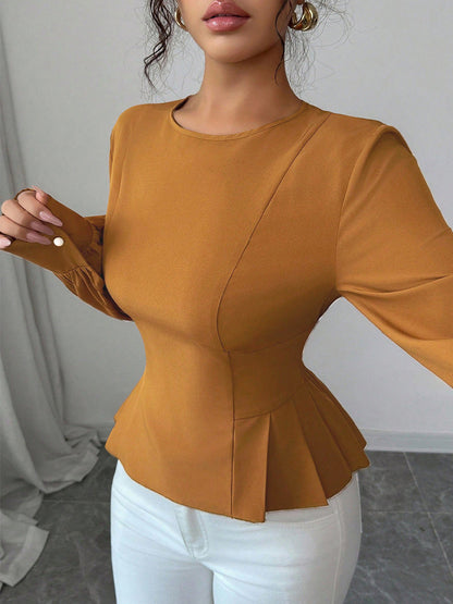 Elasticated Waist High Waisted Asymmetric Pleated Ruffled Solid Color Round-Neck Blouses&Shirts Tops