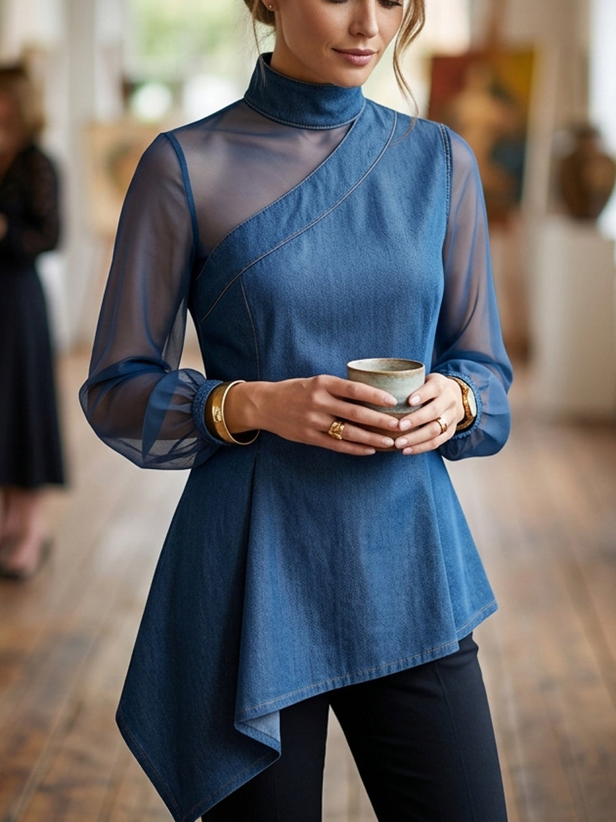 Split-Joint Mesh Asymmetric Puff Sleeves Long Sleeves Mock Neck Blouses&Shirts Tops
