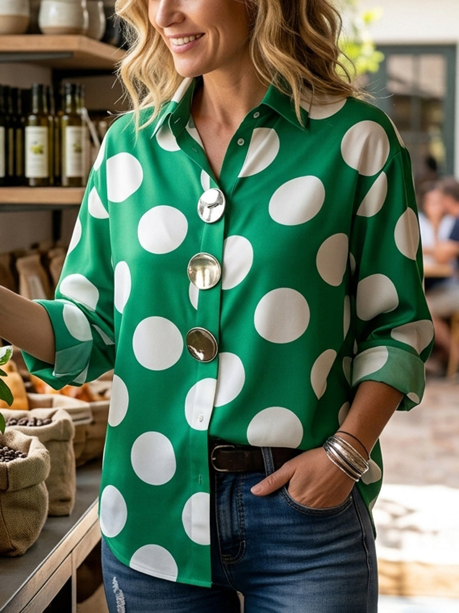 Long Sleeves Loose Buttoned Contrast Color Polka-Dot Lapel Blouses&Shirts Tops