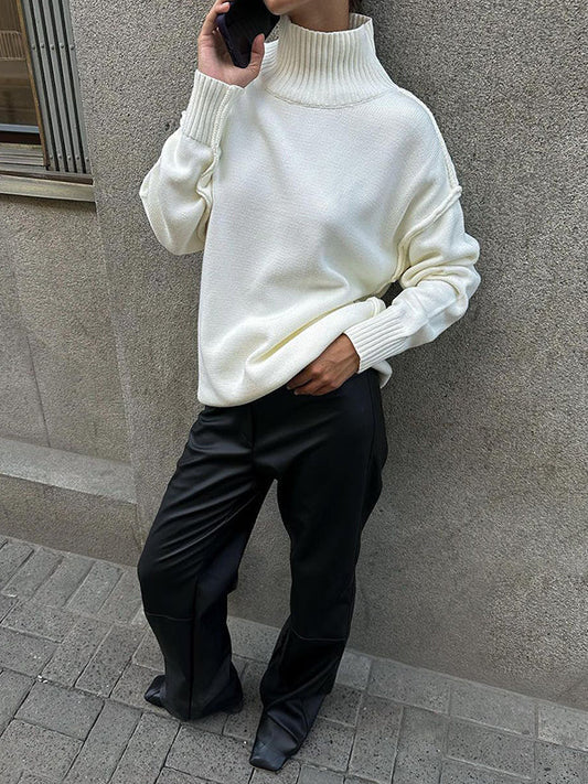 Long Sleeves Loose Solid Color Split-Joint High Neck Pullovers Sweater Tops