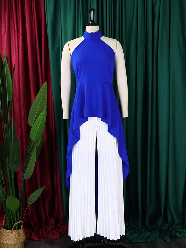 Ensemble deux pièces haut court et pantalon taille haute en dentelle à dos nu et col licou 