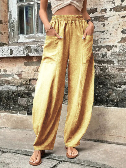 Pantalon ample grande taille avec poches élastiques et couleur unie 