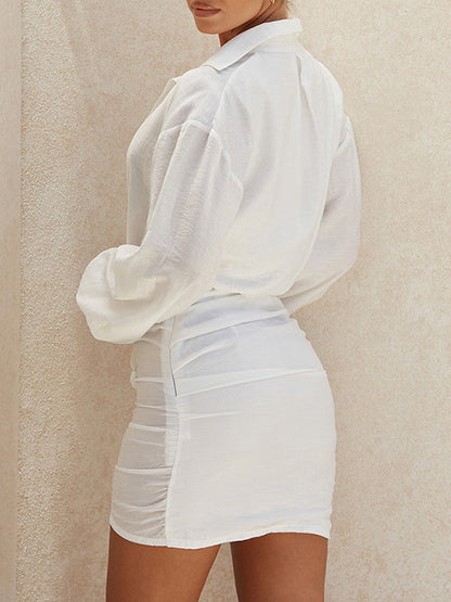 Bodycon Long Sleeves Pleated Solid Color Deep V-Neck Mini Dresses Shirt Dress