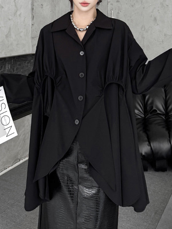 High-Low Irregularity Buttoned Pleated Solid Color Split-Joint Shirt Collar Blouses&Shirts Tops