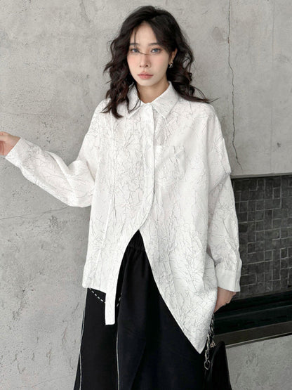 Irregularity Long Sleeves Abstract Printed Asymmetric Buttoned Wrinkled Lapel Blouses&Shirts Tops