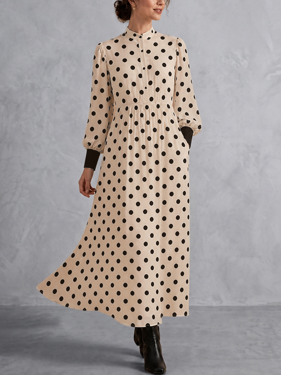 Split-Joint Polka-Dot Pockets Elasticity Buttoned Loose Long Sleeves Lapel Midi Dresses