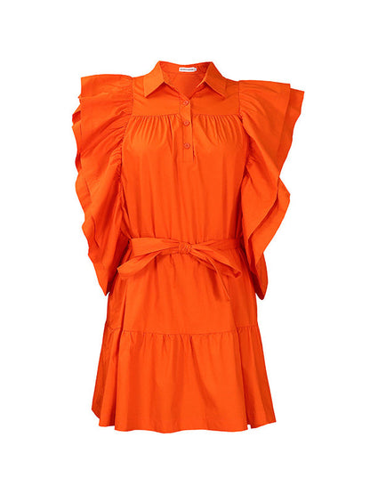 A-Line High Waisted Buttoned Pleated Ruffled Solid Color Tied Waist Lapel Mini Dresses