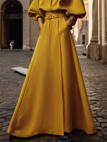 Half Sleeves Loose Belted Solid Color Deep V-Neck Maxi Dresses