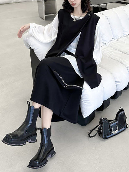 Débardeur ample sans manches à col rond et fermeture éclair asymétrique 