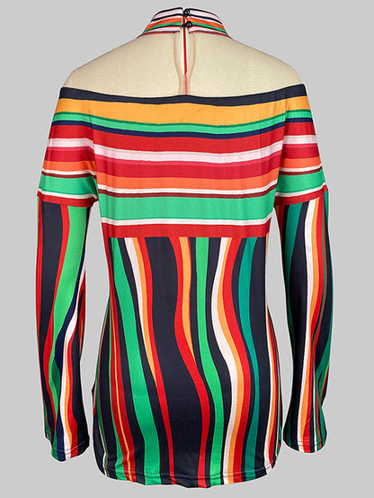 Long Sleeves Loose Contrast Color Striped Halter-Neck T-Shirts Tops