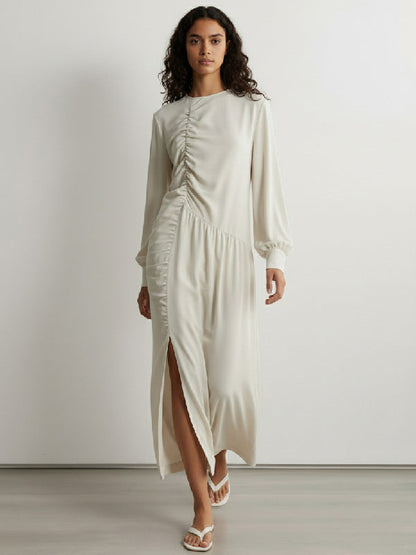 Long Sleeves Puff Sleeves Asymmetric Pleated Split-Joint Split-Side Round-Neck Maxi Dresses