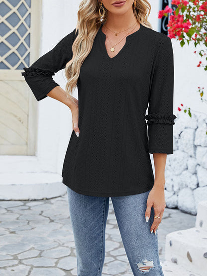 Loose Three-Quarter Sleeves Jacquard Solid Color V-Neck T-Shirts Tops