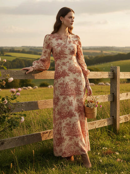 Elasticated Waist High Waisted Contrast Color Pleated Printed Split-Joint V-Neck Maxi Dresses