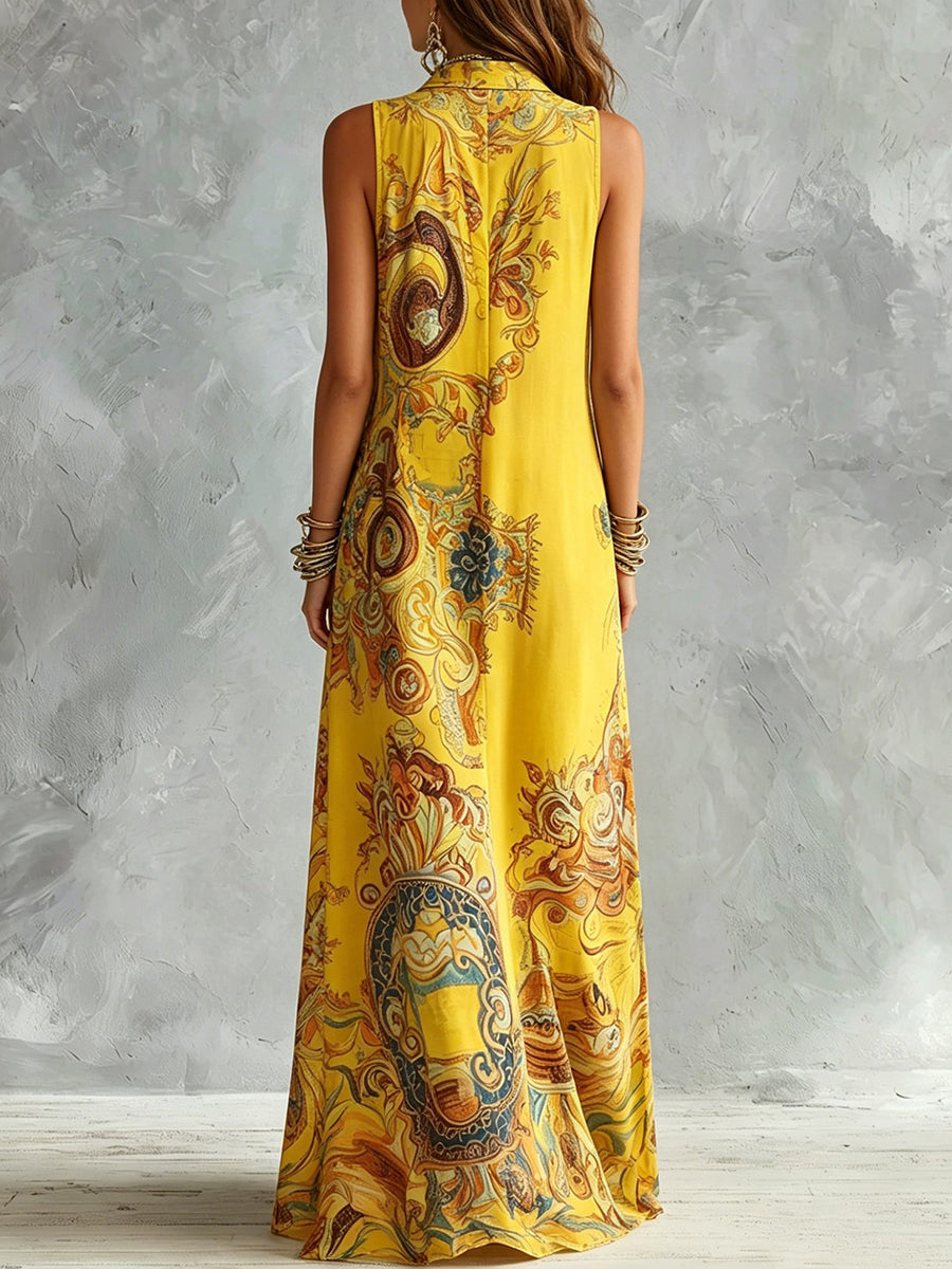A-Line Loose Buttoned Contrast Color Pockets Printed Zipper Lapel Maxi Dresses Shirt Dress