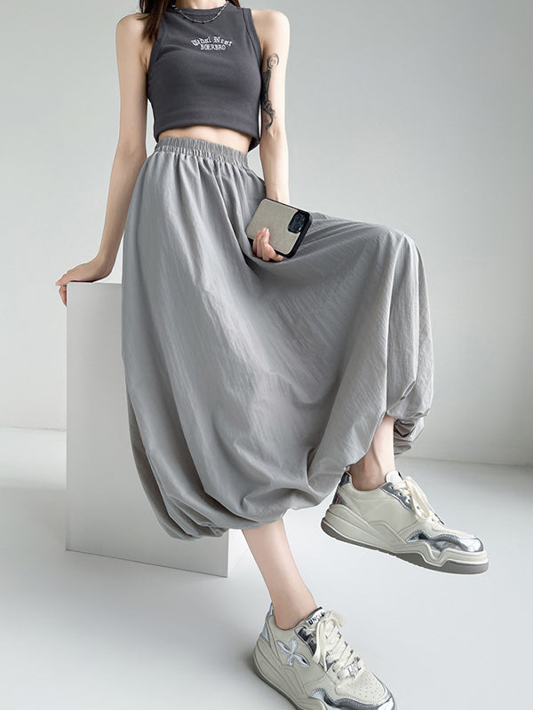 A-Line Loose Elasticity Pleated Pockets Solid Color Skirts Bottoms