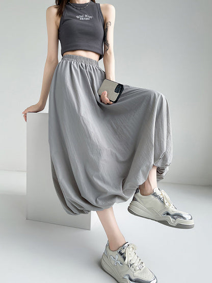 A-Line Loose Elasticity Pleated Pockets Solid Color Skirts Bottoms