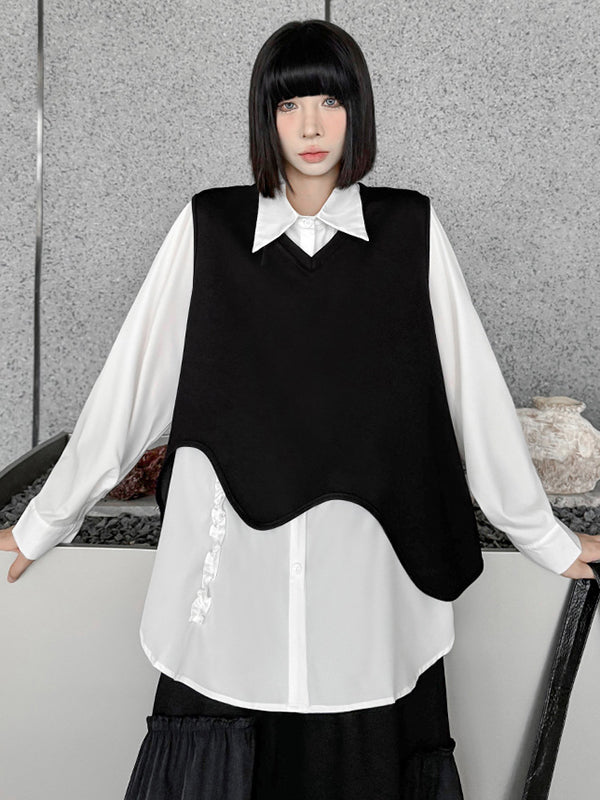 Hipster Long Sleeves Buttoned Falbala Ruffled Solid Color Split-Joint Lapel Blouses&Shirts Tops