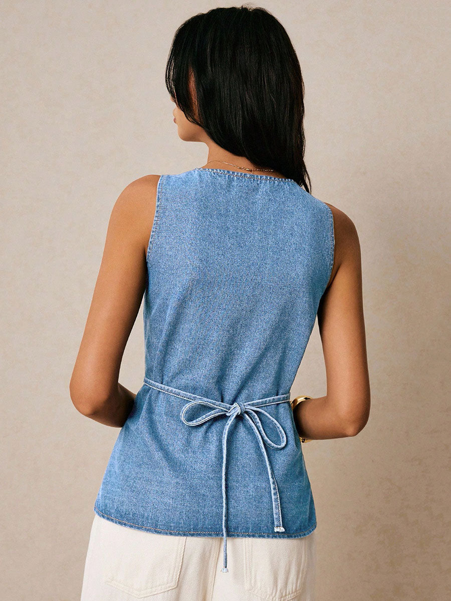 Sleeveless Buttoned Solid Color Tied Waist Square-Neck Vest Top