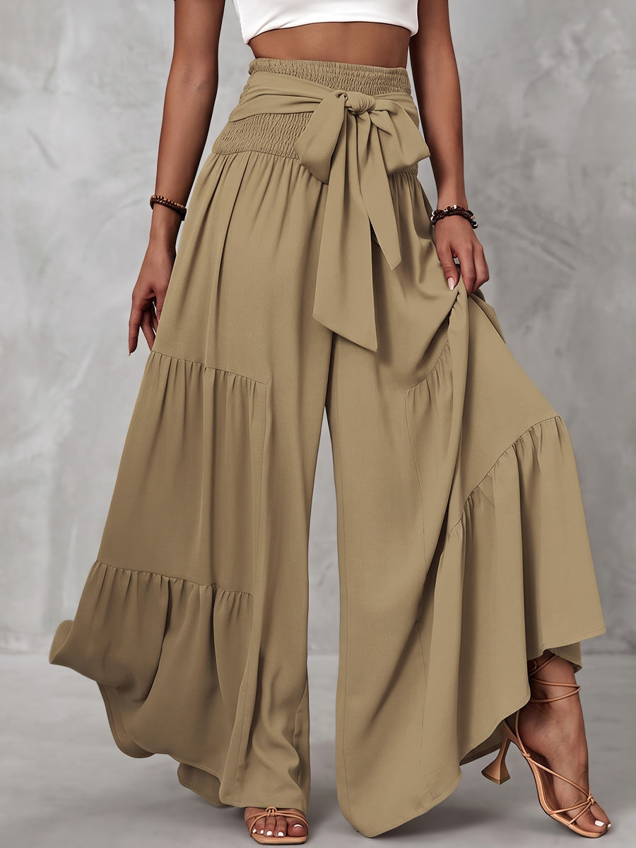 High Waisted Loose Elasticity Solid Color Split-Joint Tied Waist Pants Trousers