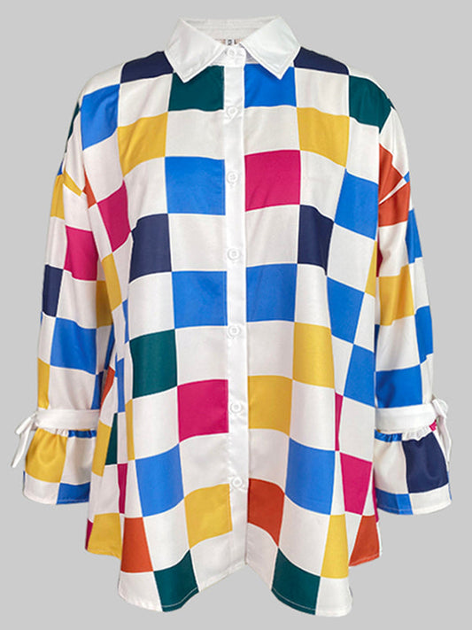 Chemisiers et chemises amples à manches longues, boutonnés, couleur contrastée, à carreaux, col montant noué 