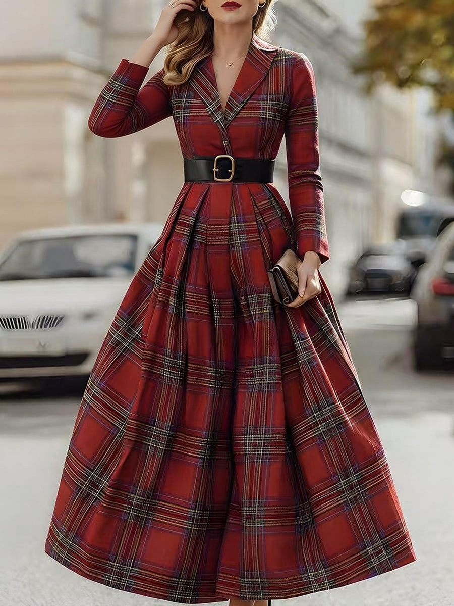 A-Line Bodycon Belted Contrast Color Plaid Split-Joint Lapel Maxi Dresses
