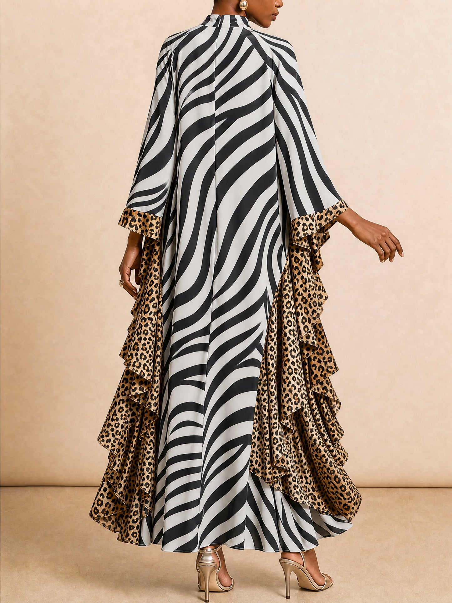 Zipper Zebra Printed Leopard Loose Batwing Sleeves Mock Neck Maxi Dresses